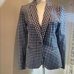 Zara Navy and White Gingham Single-Button Blazer